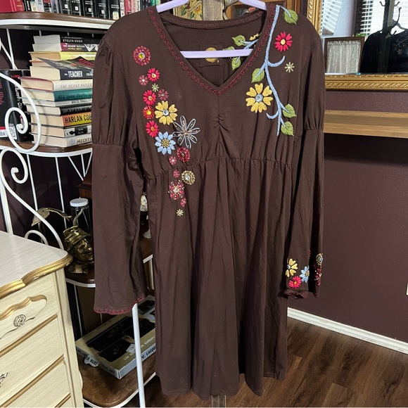 Double D Ranch Dresses & Skirts - Double D Ranch Brown Embroidered Cotton Dress Size Small